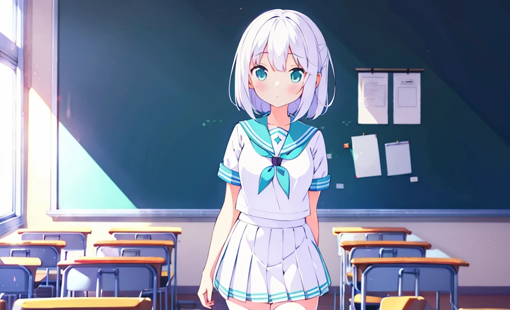 (masterpiece), classroom, 1girl, medium hair, white hair, (aqua eyes:1.2), (white sailor collar:1.2), serafuku, white skirt, pleated skirt