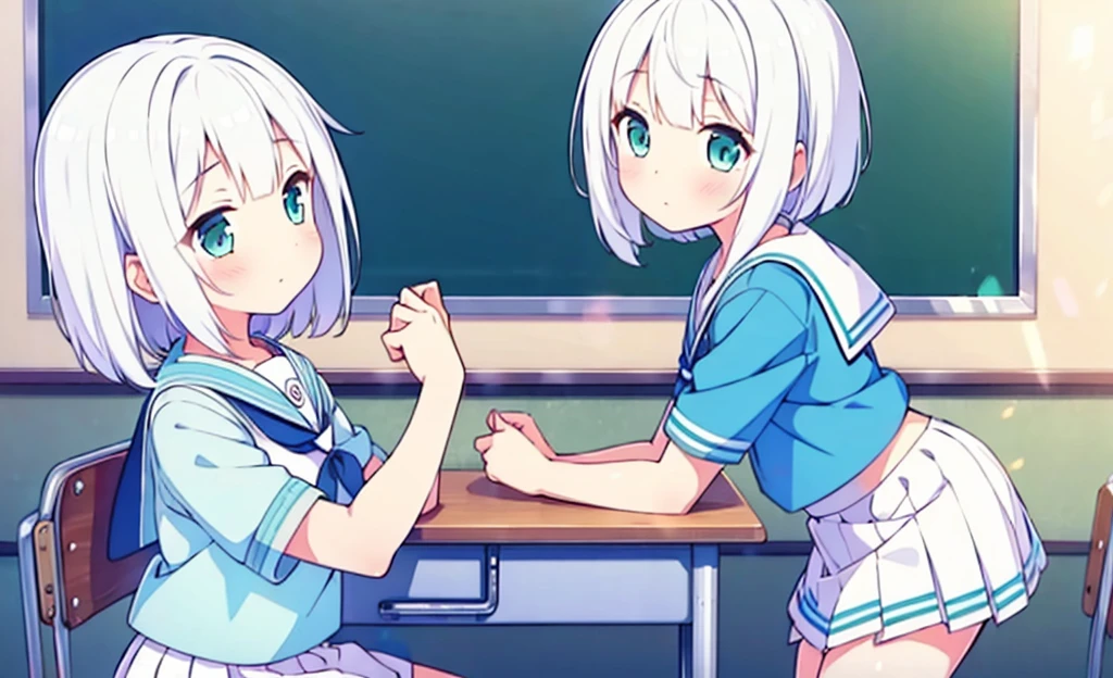 ((highest quality)), ((masterpiece)), (be familiar with), perfect face, 2Girls, Break, 1Girl, twin tail, blonde hair, (toddler), white frilled clothing, open eyes wide, empty eyes, blue eye, black choker, ((surprised)), ((seductive smile)), flustered, (((small breasts))), ahoge, black thigh-high socks, from side, school, sit on chair, study, blue checked skirt, Profile, pencil hold, Break, ((highest quality)), ((masterpiece)), (be familiar with), perfect face, 1Girl, ((long hair)), silver hair, (toddler), white frilled clothing, open eyes wide, red eye, ((expressionless)), from side, school, ((((small breasts)))), sit on chair, study, White thigh-high socks, blue checked skirt, Profile, pencil hold