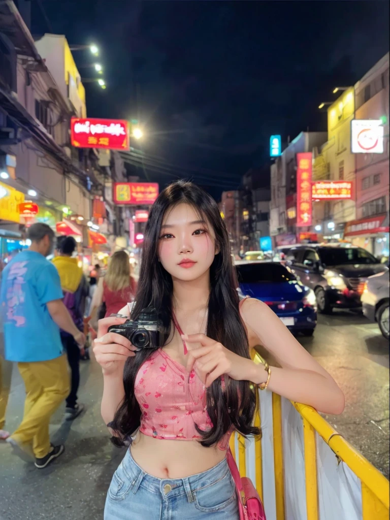 woman in pink top and jeans standing on street corner with mini camera, asian girl with long hair, 24 year old female model, 8k selfie photograph, shot on nikon z9, 8k artgerm bokeh, street pic