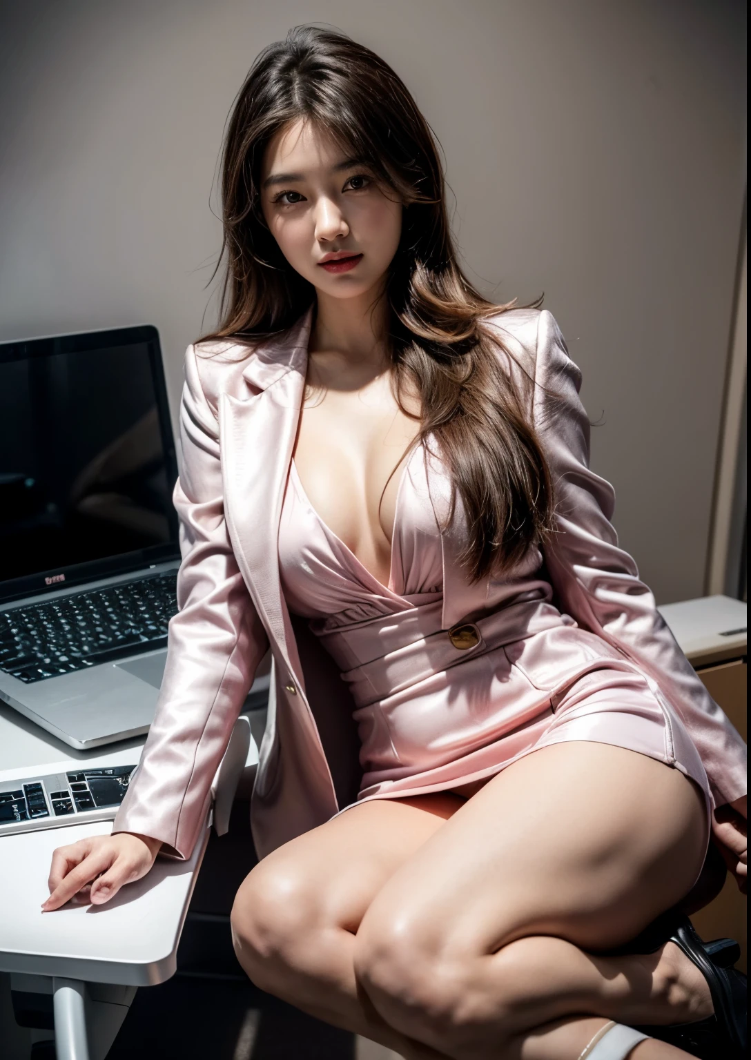 (Super beautiful)、(beauitful face:1.5)、(A detailed face:1.3)、(A detailed eye)、(Detailed lips)、(Detail nose)、japanes、announcer、Sit in a chair in the studio、spreads her legs、(white panties:1.1)、(Tailored jackets from leading brands)、(shirt with collar:1.1)、(a miniskirt:1.3)、(Bare legs)、(tall:1.1)、(Flowing layered white glossy brown hair:1.1)、big brown eyes that shine、Seductive moist pink lips, high-heels、TV station news studio、broadcasting equipment、(At SFW)