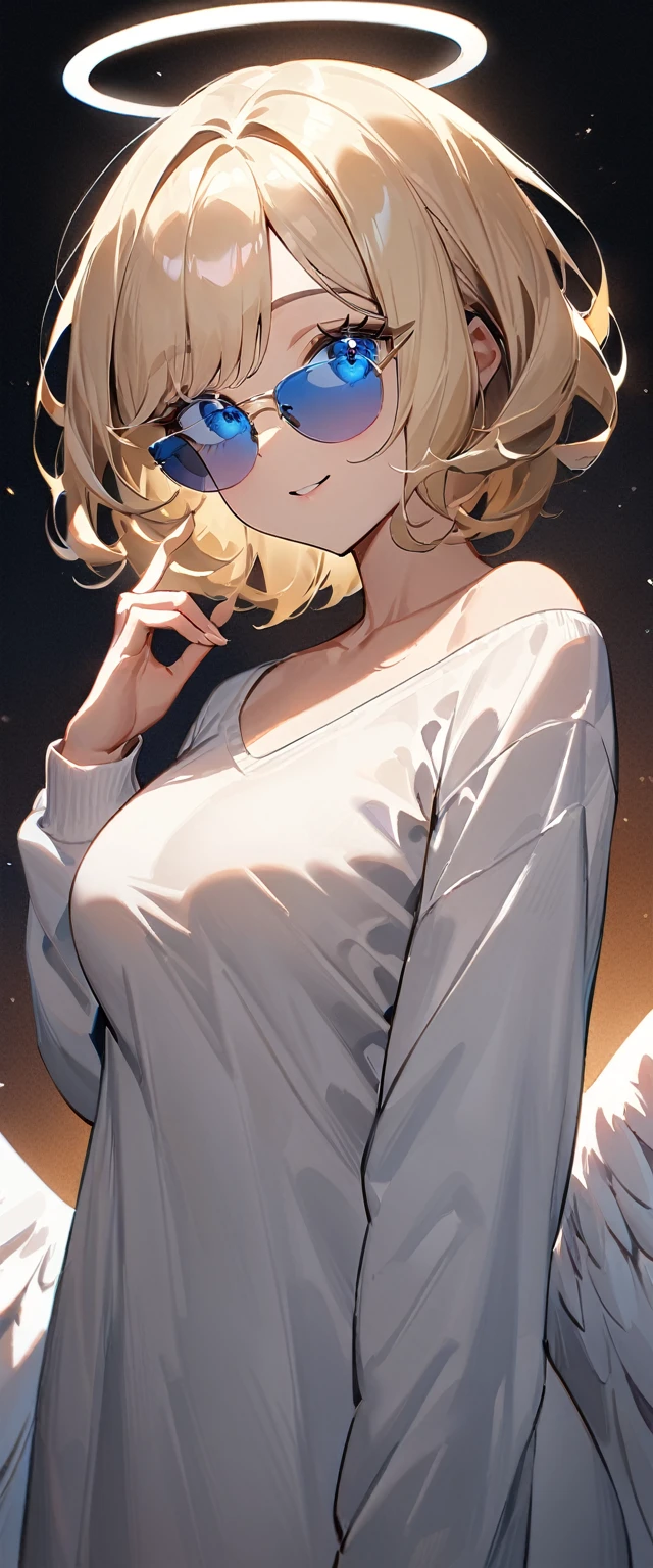 (((One Girl))), Blonde, Bobcut, (Cowboy Shot), ((sunglasses, hand to sunglasses)), (View your viewers), Focus on the face, teenager, Tilt your head:1.3, (((blue eyes))), ((Smile)), ((blush)), Contrasting, Place one hand on hip, (((Exposed clothing))), School summer clothes, (((Large Breasts))), White shirt, ((See-through clothing)), skirt, , Anime Style, (Highest quality, 4K, 8K, High resolution, masterpiece:1.2, Super detailed, Super detailed eyes, High resolution, 超High resolution, Studio Lighting, Ultra-fine painting, Sharp focus, Physically Based Rendering, Very detailed explanation, Professional, Vibrant colors, Bokeh)
