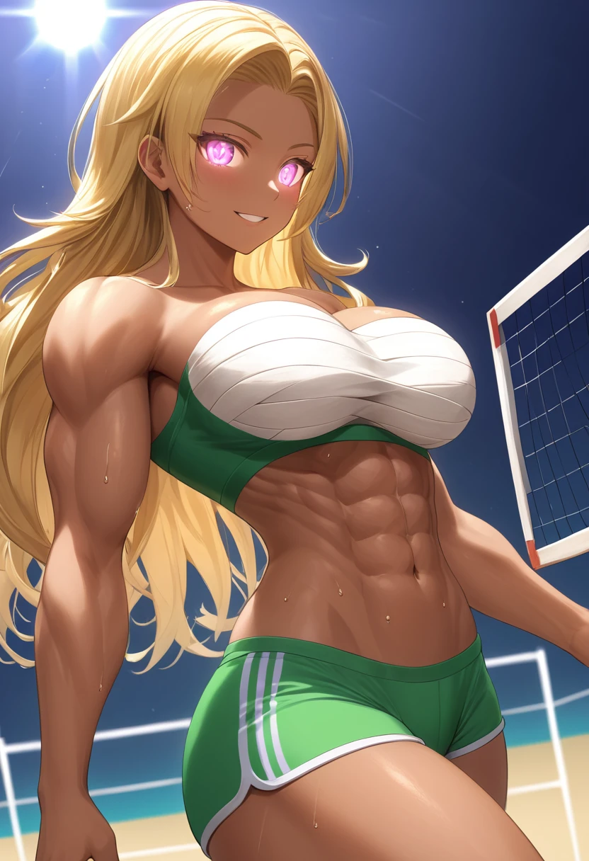 Prompt
detailed illustration, (front view), (side view),dynamic angle, ultra-detailed, illustration, clean line art, shading, anime, detailed eyes, detailed face, beautiful face, dramatic lighting, detailed illustration, dynamic angle, ultra-detailed, illustration, single woman
Fit, toned abs, ((volleyball shorts)), ((fundoshi breast wrap)), volleyball player, big round ass, big tits, caramel tan skin, dark skin tone, wide hips, narrow waist, thunder thighs, (blazing blonde hair), (glowing eyes), glowing sclera, muay thai wraps, small strong biceps, sweat, ((bandaged breasts))