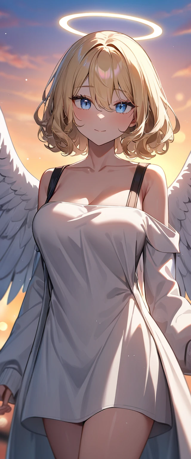 (((One girl))), (((cowboy shot))), ((flying)), ((angel, big big white wings:1.2, halo:1.3)), Uriel, ((wavy hair, outward curled hair)), evening, Sunset, ((blond hair, bob cut:1.3)), big breasts, ager, (looking at viewer), oversized clothes, puffy long sleeves, collarbone, ((off-shoulder sweater dress:1.3, Quite thick shoulder straps)), (((sleeves past wrists:1.3))), ((white sweater)), collarbone, head tilt:1.3, (((blue eye))), ((happy smile)), (((anime style))), (best quality, 4K, 8K, highres, masterpiece:1.2, ultra-detailed, ultra-detailed eyes, HDR, uhd, studio lighting, ultra-fine painting, sharp focus, physically-based rendering, extreme detail description, professional, vivid colors, bokeh), ((Highest quality, Best image quality, Ultra-high resolution, Ultra-high resolution, solo, Strong eye highlights)), Depth of written boundary, Natural soft light, attractive, Beautiful Face, Cleanliness, Pure Face, medium chest, Beautiful Face, Perfect Fingers, Perfect hands, Perfect body, Perfect Face, Shine a light into your eyes, Perfect Anatomy