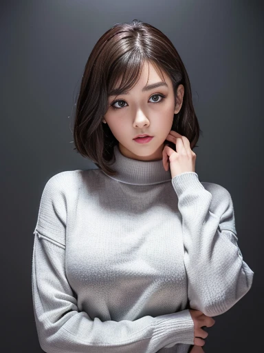 (Representative works: 1.3), (8K, Realistic, RAW Photos, Best image quality: 1.4), (20-year-old female),Small face, Beautiful Face, (Realistic Face),No makeup、Natural Makeup、light makeup、 (Dark brown, short hair: 1.3 Beautiful hairstyle, Realistic eyes, Beautiful attention to detail, (Photorealistic Skin), Beautiful Skin, (sweater),、Bust B cup、 Confused, charm, High resolution, Ultra-realistic, High resolution, Golden Ratio, Korean Idol, Gray background、
