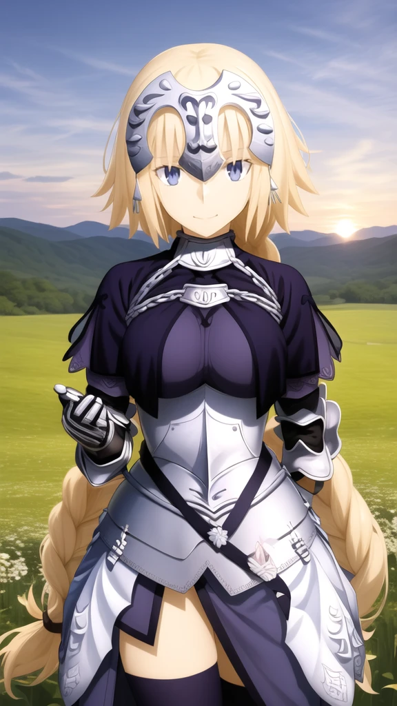 masterpiece, best quality, highres, aajd, long hair, single braid, long braid, headpiece, blue capelet, blue shirt, armor, armored dress, blue dress, gauntlets, black thighhighs, smile, reaching out, sunset, field,