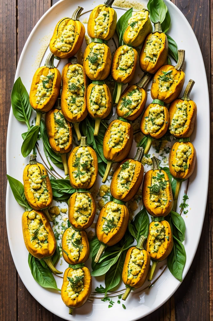 Stuffed Squash Blossoms: Delicate squash blossoms filled with ricotta cheese and herbs, lightly battered and fried, often served with a tomato coulis or basil pesto