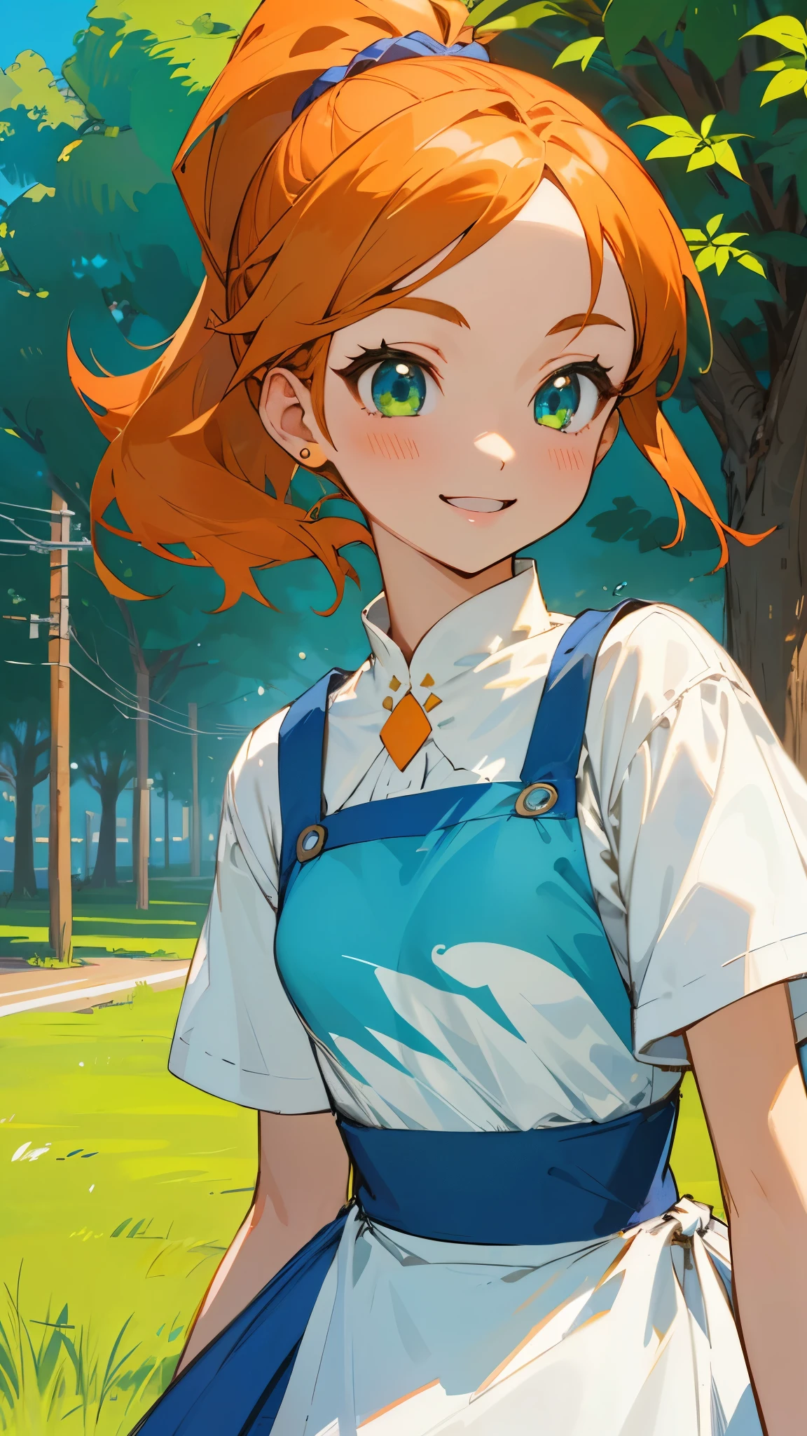 1 Girl、anime painting、Small breasts、White blouse、Blue Skirt、Apron appearance、Orange Hair、ponytail、Beautiful green eyes、smile、joy、Upper body close-up、Early summer roadside trees background、Sharp contours