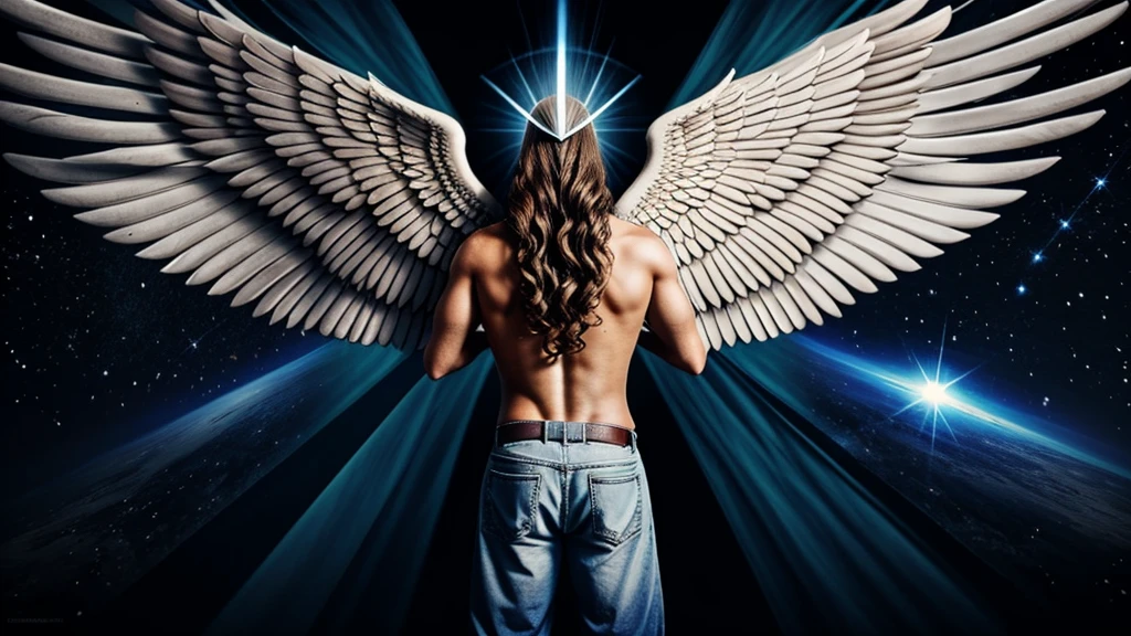 
Jesus with wings on his back in a portal in front of him and with several angels flying around him