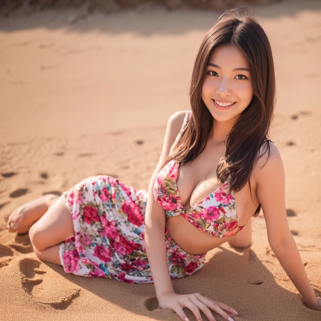 Foreign woman, dark hair, long hair, floral dress, smiling, on sandy beach