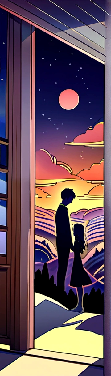 You can see a girl and a boy、We are standing in a lavender field on a small hill., Boy groping girl&#39;s breasts。Light is visible from the farmhouse window、The Andromeda Galaxy swirling in the night sky、Perfect lighting、Sharp focus、High resolution、High resolution、High color reproducibility、High resolution、Surreal、Like the picture