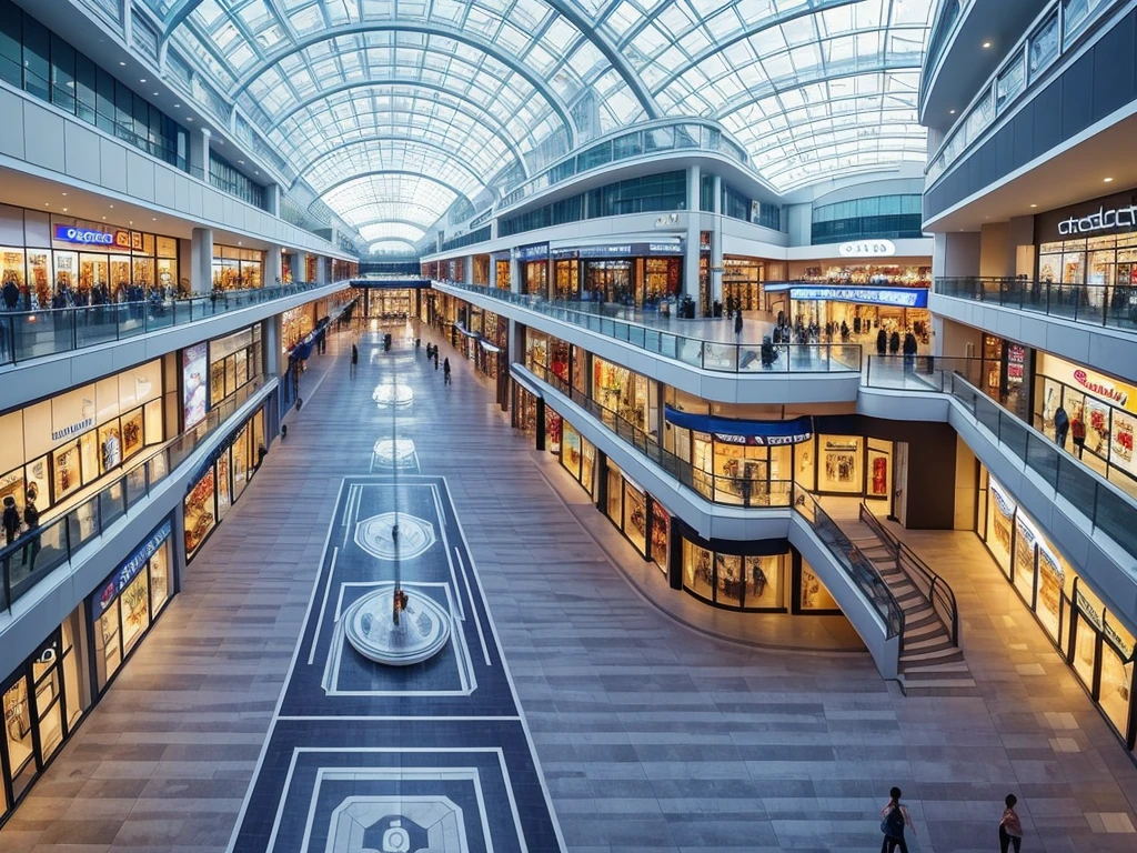 (((Masterpiece))), (high quality),Unmanned shopping mall。Daytime。Turn off all the lights。All the stores are independent and all have one floor.。There is a parking lot in front of the shopping mall。There is no car in the parking lot。Low - Angle。From a human perspective。