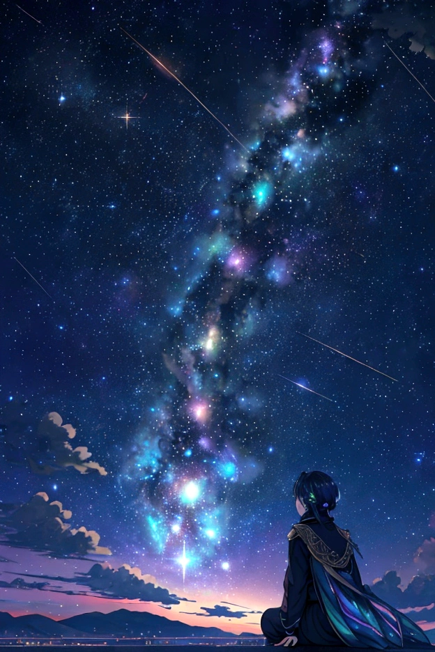 Iridescent幻想的なNight Sky、constellation, Iridescentconstellation、Iridescent空包み込まれそうな瞬間，Astronomical observation、Planetarium、Meteors、colorful，美しいconstellation、Three-dimensional，wonderful景色，Night Sky，An atmosphere full of dreams and hope，masterpiece．16K, Ultra-high resolution, to be born,wonderful ,future、Iridescent、The world 30 years from now。