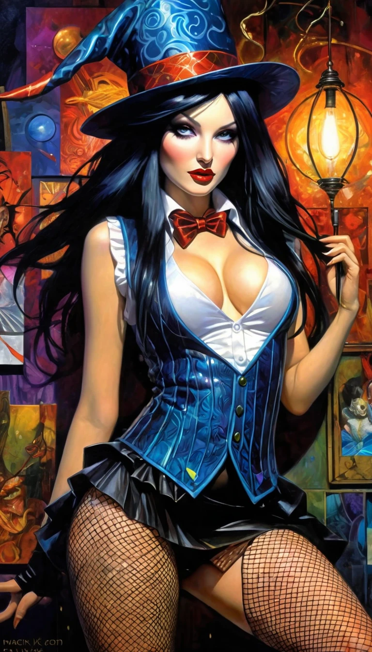 a magician girl with long black hair, wearing a magician hat, elegant and sexy outfit with a vest, miniskirt and fishnet stockings, performing magic, dark and fantastic background, inspired by the art of Bill Sienkiewicz, high quality, ultra-detailed, photorealistic, vivid colors, professional (best quality, 4k, 8k, high resolution, masterpiece: 1.2), ultra detailed, (realistic, photorealistic, photorealistic: 1.37), intricate details, vivid colors, sharp focus, professional, Dave's artwork McKean, oil painting touch of surrealism, oil painting style
