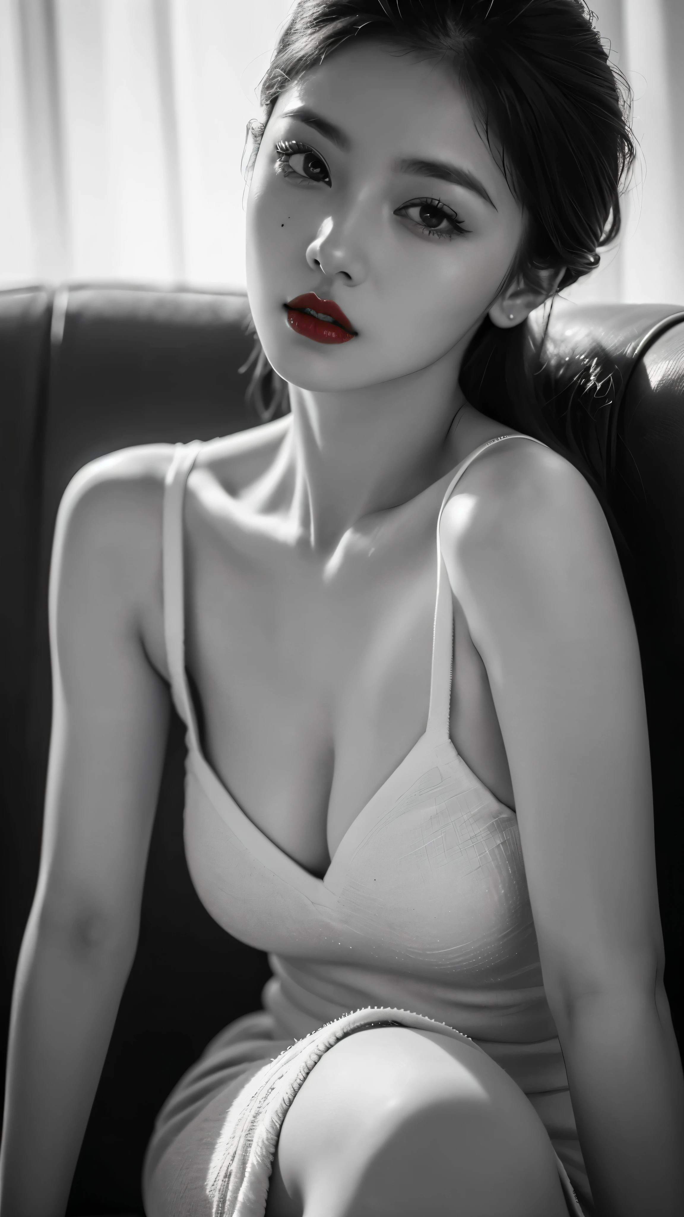 (((Black and White Art:1.2、Black and white photo、RAW photos、Film Grain)))、Beautiful woman、Small nose、((Full lips、Sexy red lips:1.3))、Attractive hairstyle、skirt、best quality、high resolution、high resolution、light、Black and white photo、Professional photographer