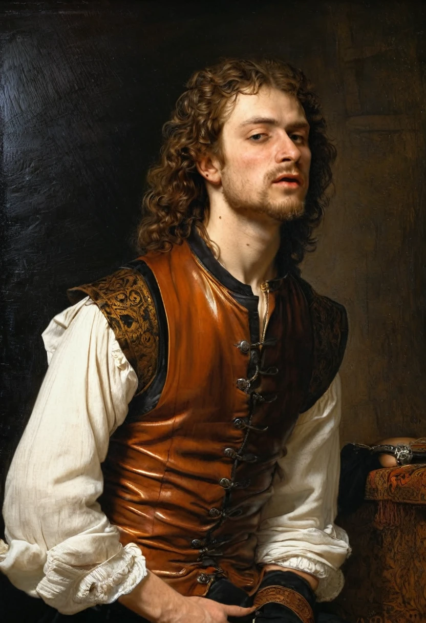 count, 25 years old. He favored loose, fine linen shirts and breeches that allowed him ease of movement, often in earthy tones to contrast his wild nights. A leather vest, adorned with metal fastenings, often replaced the heavy doublet, and his boots, though less polished, were of the finest craftsmanship. His hair, free and flowing. .by OlchaS,hot, 4k ultradetailed,steamy, expressive, emotional,,oil painting by Rembrandt, sorrowful,drama, tragedy, 