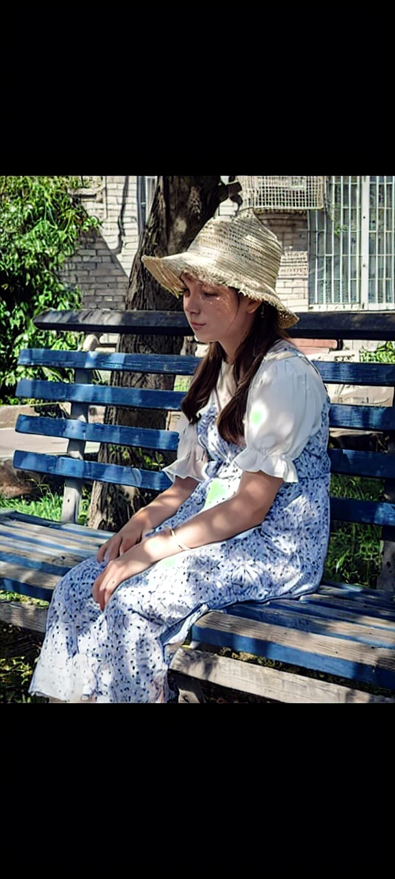 Girl sitting on a bench, sunny day, a tree behind her, leaves, soft colour