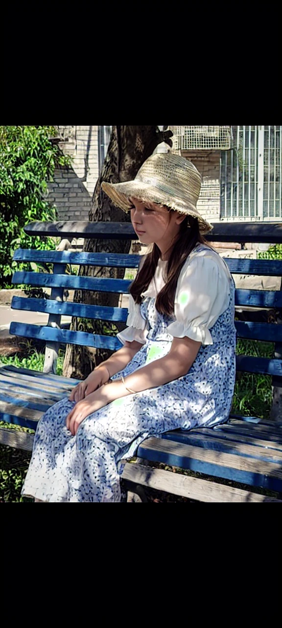 Girl sitting on a bench, sunny day, a tree behind her, leaves, soft colour