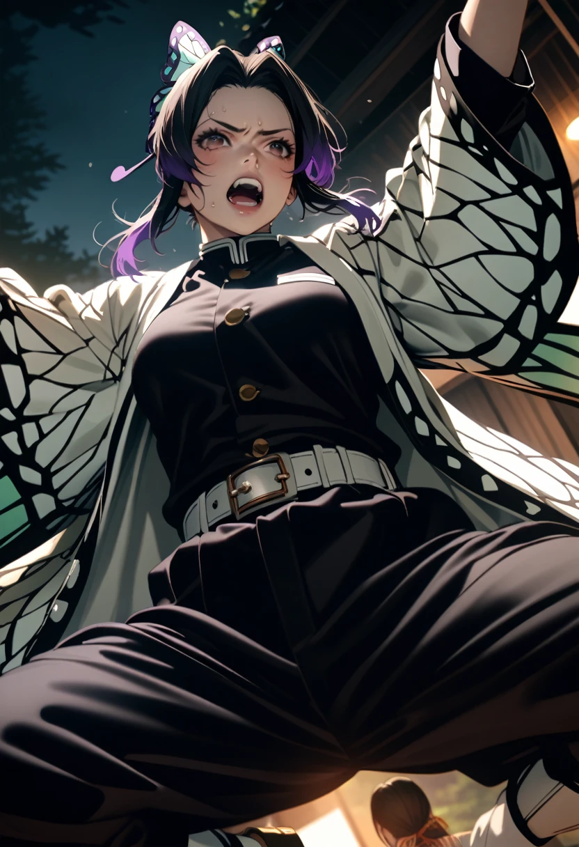 k0ch0ush1n0bu, shinobu kochou, animal print, black hair, butterfly, butterfly hair ornament, butterfly print, forehead, gradient hair, hair ornament, haori, multicolored hair, parted bangs, purple hair, short hair, two-tone hair,belt, black pants, butterfly print, coat, demon slayer uniform, haori, japanese clothes, pants, uniform,,1  japanese muscular girl,perfect hands, perfect finger,perfect anatomy, masterpiece, best quality,realistic, hyperrealistic, 16k hdr,medium breasts,outdoor,night,japanese old garden,,sweat,angry,red blush,dynamic pose,dynamic angle,(jump,in the air:1.2),(from below,spread legs:1.2),(holding japanese sword,butterfly shaped sword guard) 
