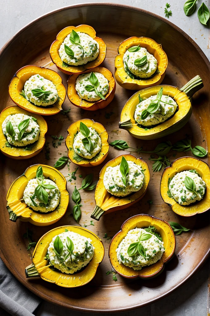 Stuffed Squash Blossoms: Delicate squash blossoms filled with ricotta cheese and herbs, lightly battered and fried, often served with a tomato coulis or basil pesto