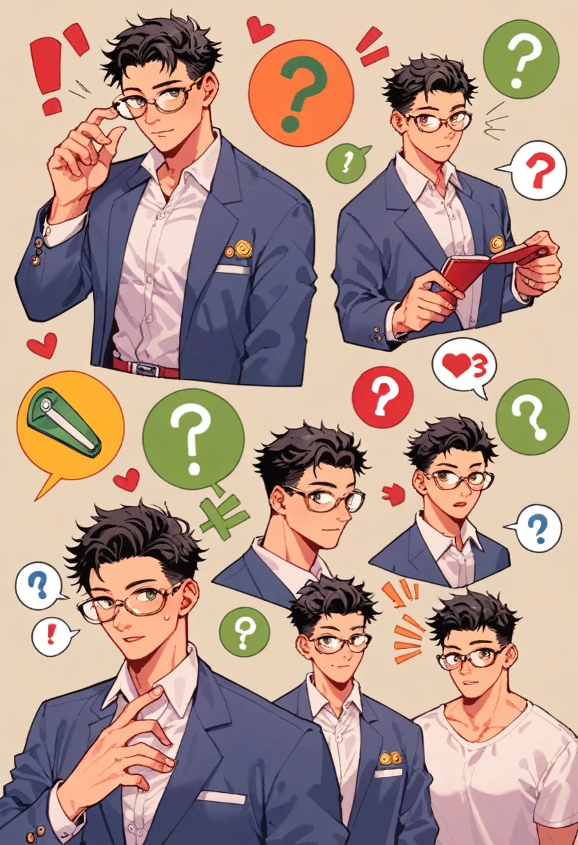 punctuation_9, punctuation_8_High above, punctuation_7_High above, punctuation_6_High above, punctuation_5_High above, punctuation_4_High above, source of breakage_アニメ, 1 boy, short black hair, thin depolaroid glasses, Tokyo Revengers style, whole body, reference sheet, character sheet