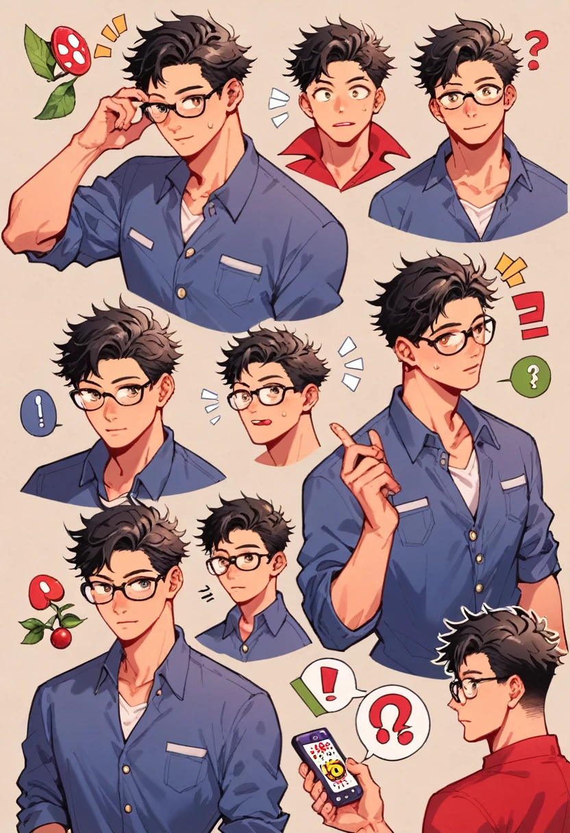 punctuation_9, punctuation_8_High above, punctuation_7_High above, punctuation_6_High above, punctuation_5_High above, punctuation_4_High above, source of breakage_アニメ, 1 boy, short black hair, thin depolaroid glasses, Tokyo Revengers style, whole body, reference sheet, character sheet