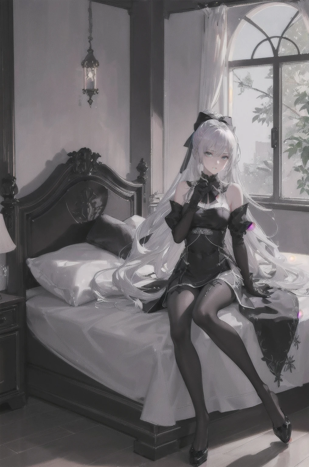 (((1 girl)),ray tracing,(dim lighting),[detailed background (bedroom)),((silver hair)),((silver hair)),(Fluffy silver hair, plump slender girl)) with high ponytail)))) Avoid blonde eyes in the ominous bedroom ((((Girl wears intricately embroidered black high-waisted pants with pantyhose) and white ruffled bow gloves), showing a delicate slim figure and graceful curves, correct limbs, sitting on the bed