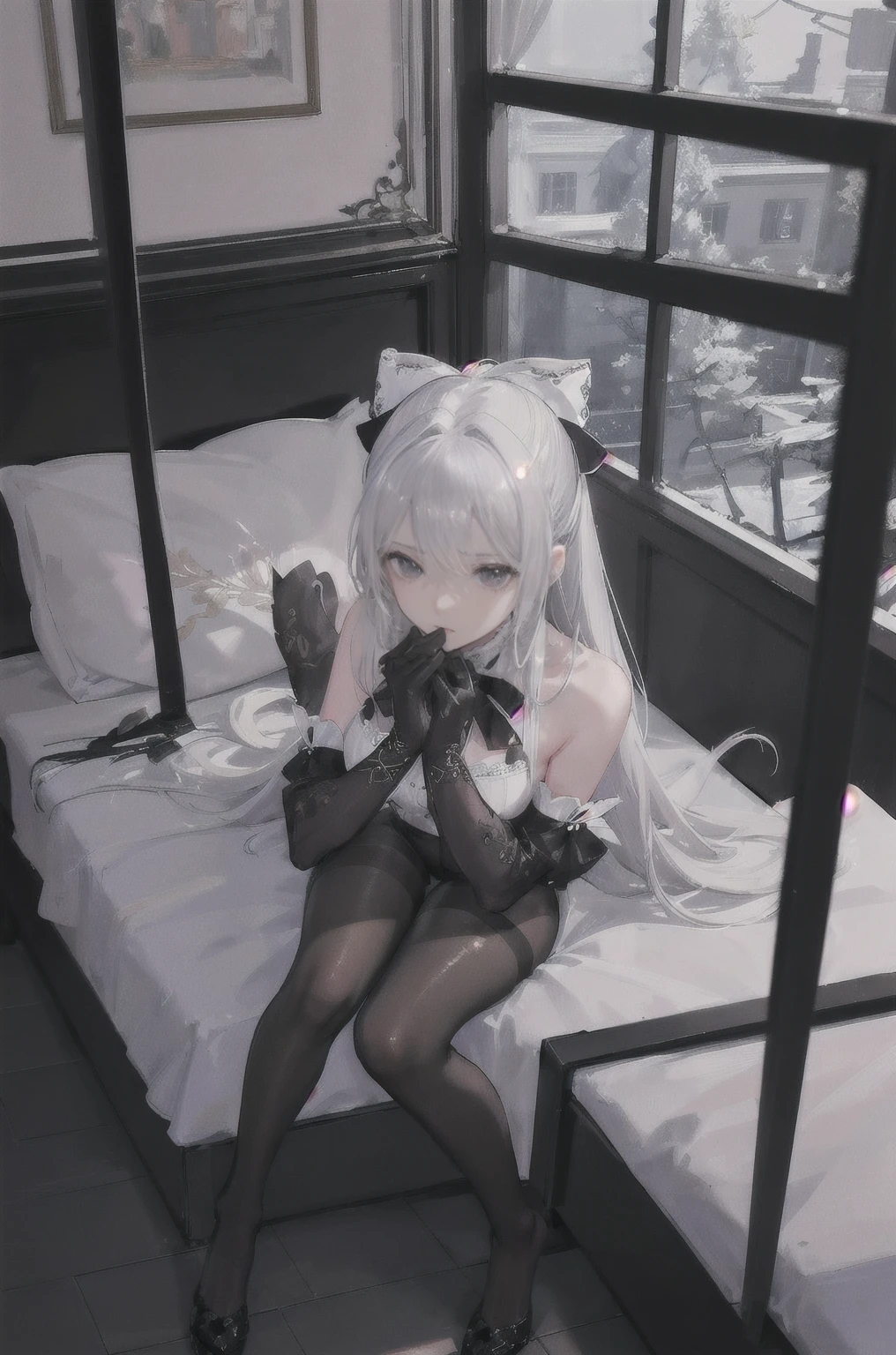 (((1 girl)),ray tracing,(dim lighting),[detailed background (bedroom)),((silver hair)),((silver hair)),(Fluffy silver hair, plump slender girl)) with high ponytail)))) Avoid blonde eyes in the ominous bedroom ((((Girl wears intricately embroidered black high-waisted pants with pantyhose) and white ruffled bow gloves), showing a delicate slim figure and graceful curves, correct limbs, sitting on the bed
