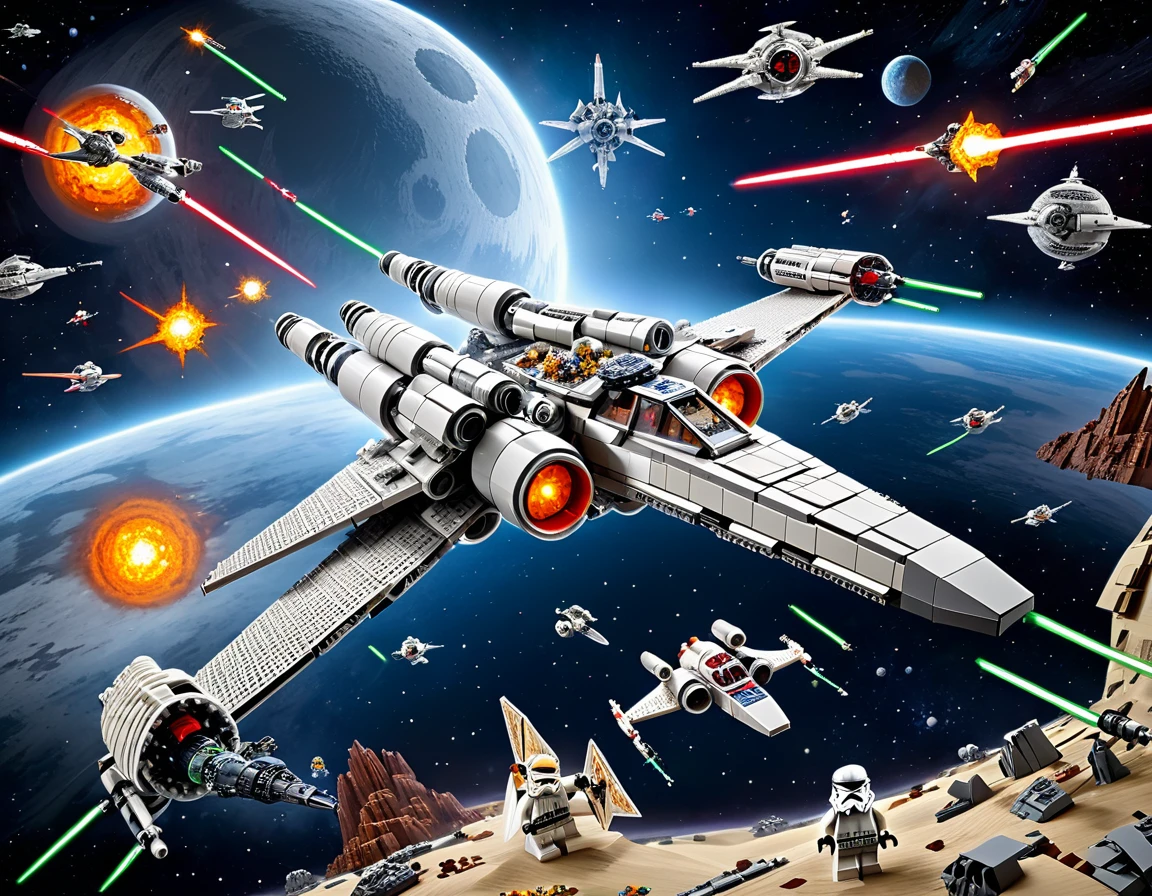 best quality, very good, 16K, ridiculous, Very detailed, Space War，Star Wars，Made of Lego, Background space（（A masterpiece full of fantasy elements）））， （（best quality））， （（Intricate details））（8K）