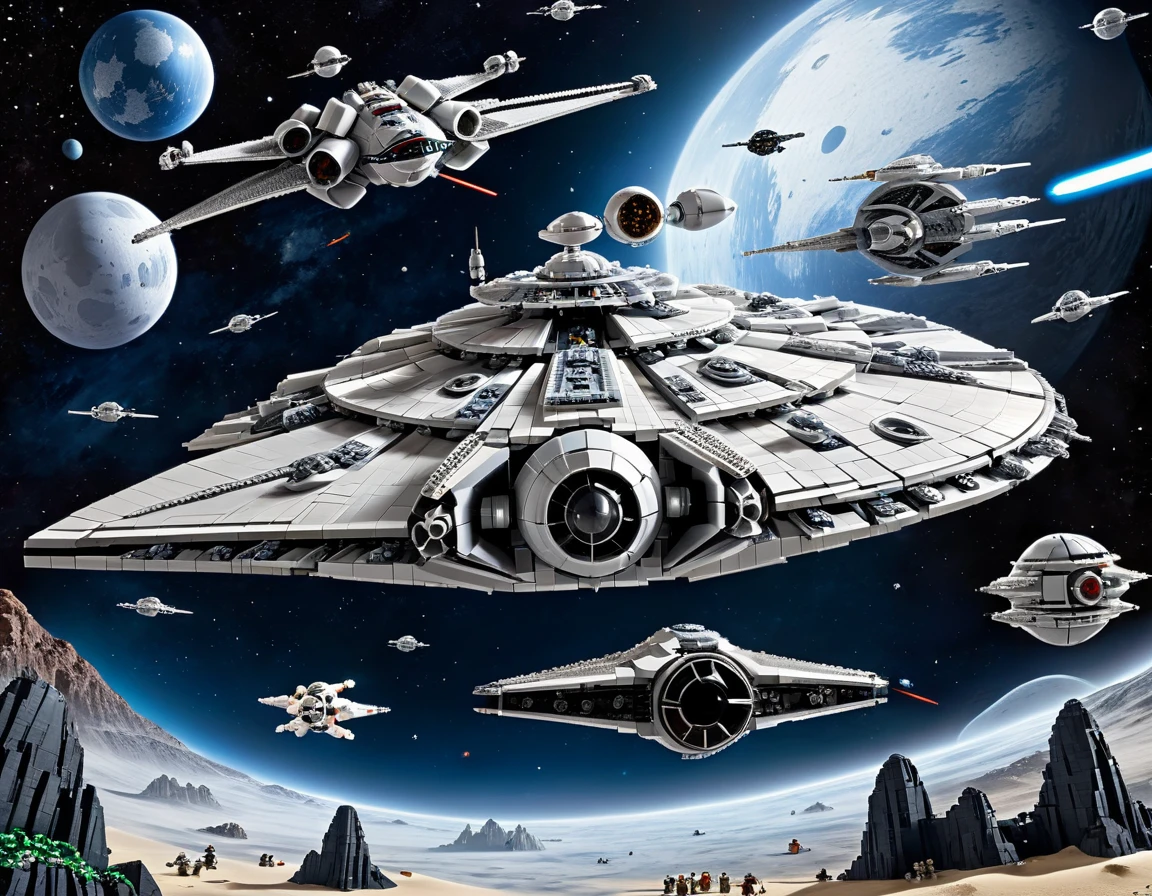 best quality, very good, 16K, ridiculous, Very detailed, Space War，Star Wars，Made of Lego, Background space（（A masterpiece full of fantasy elements）））， （（best quality））， （（Intricate details））（8K）