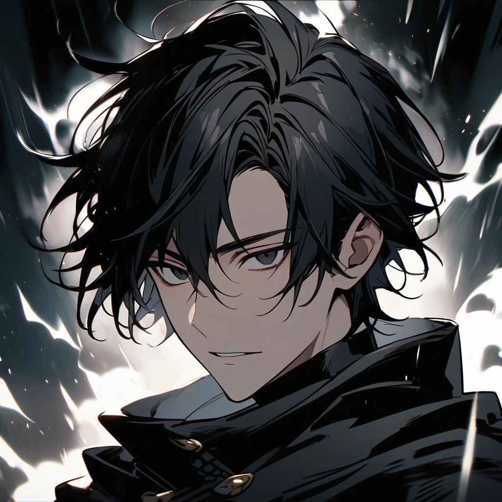 male, solo, handsome, black hair, black eyes, black cloak, white aura, main face
