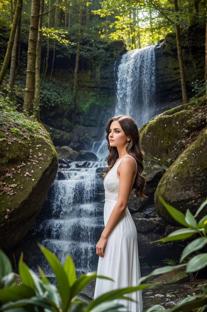 A beautiful young woman with light brunette hair and another with blonde hair, standing together under a cascading waterfall, the sun sparkling through the mist and water droplets, the scene bathed in dappled light, (best quality,4k,8k,highres,masterpiece:1.2),ultra-detailed,(realistic,photorealistic,photo-realistic:1.37),beautiful detailed eyes,beautiful detailed lips,extremely detailed eyes and face,longeyelashes,3/4 view from behind,2 girls,waterfall,sun sparkling,misty,dappled light,light and airy,serene,peaceful,nature,landscape,outdoors