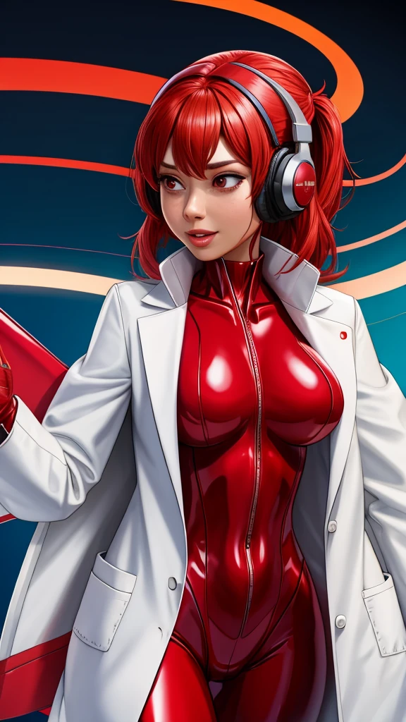 woman i a red bodysuit, labcoat, wireless headset