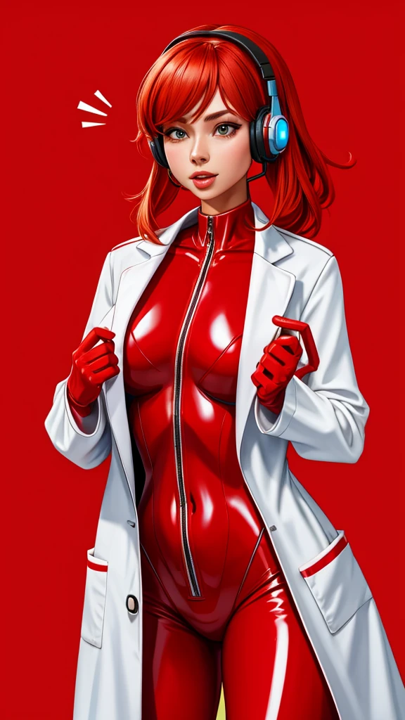 woman i a red bodysuit, labcoat, wireless headset