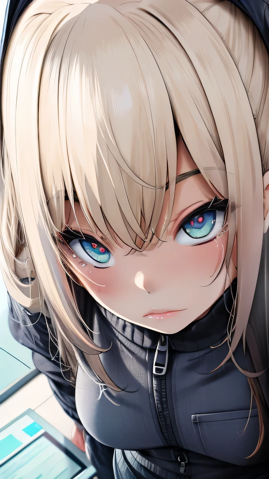 master piece, highres, 4k.8k, 1 girl, beautiful detailed eyes,  haircurly hair, gradient hair,(Blonde and Pastel hair color) , thick bluish eyeshadow, thin eyebrows, thick black eyeliner, Highlighted eyes with eyeliner, false eyelashes,,(tanned skin:1.2), incoming kiss, “cowboy shot”+“from above”, slim,(gigantic breasts), 