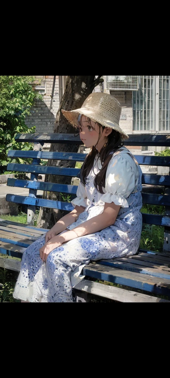 Girl sitting on a bench, sunny day, a tree behind her, leaves, soft colour