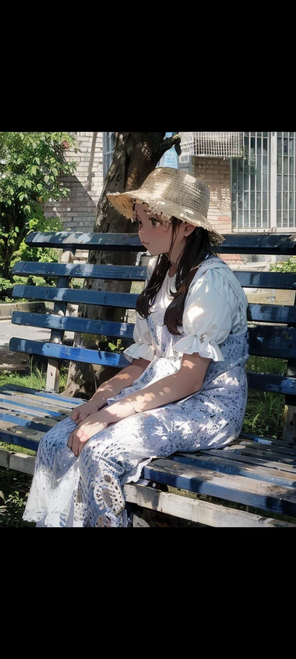 Girl sitting on a bench, sunny day, a tree behind her, leaves, soft colour