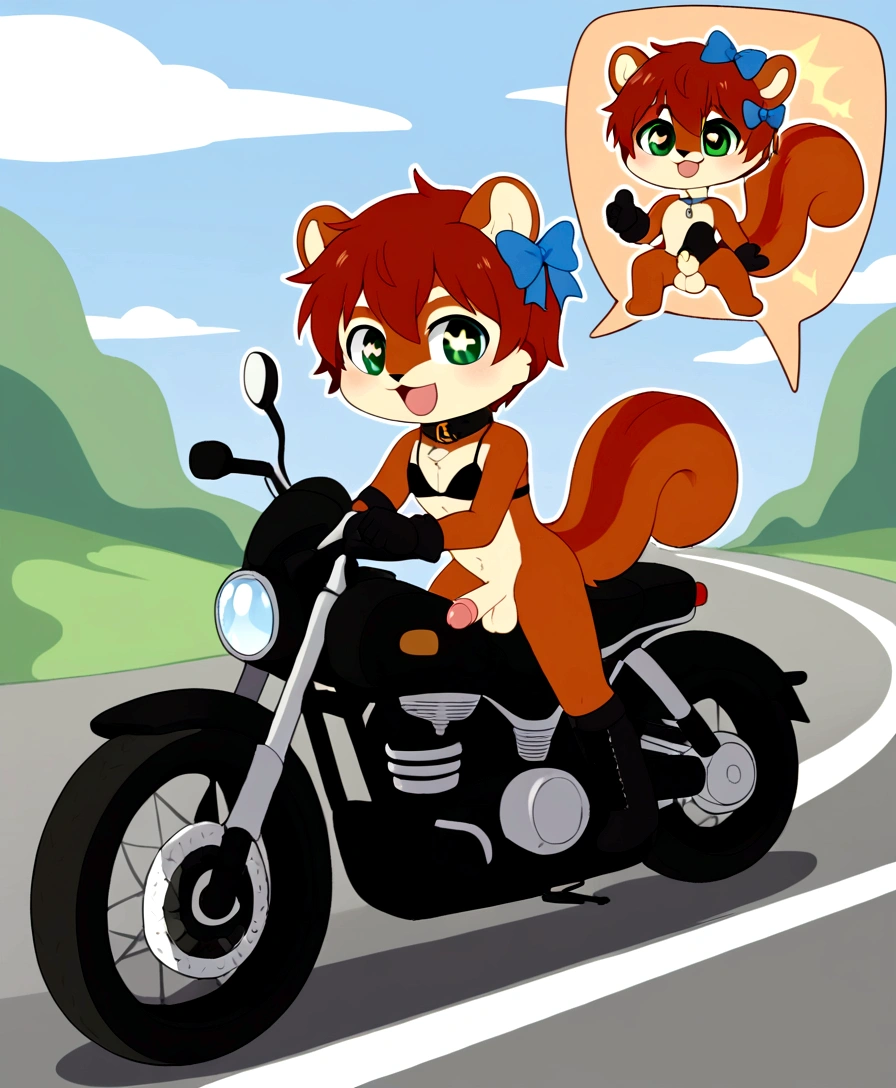 boy, squirrel, furry, bodyfur, tail, collar, bra, bottomless, gloves, boots, chibi, sparkling eyes, idol, hair bow, happy, full body, penis, testicles, riding motorcycle, helmet, road, looking back