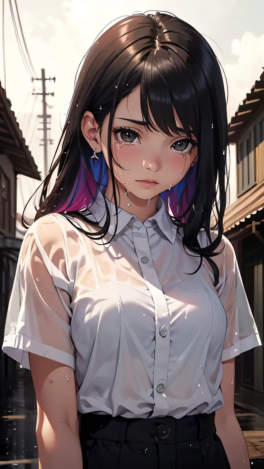 (Raising awareness:1.1)、(Highest quality)、(masterpiece:1.1)、(Beautiful and vibrant background:1.25)、(masterpiece、Highest quality、Very detailed)、(Realistic)、(Beautiful and exquisite)、Wet day、Dark rainy sky、(Black Hair)、
One Girl、alone、Looking at the audience、Cowboy Shot、Upper Body、
Ayumu Uehara、Brown eyes、one piece、Wet clothes、Shed tears、Looking down and crying