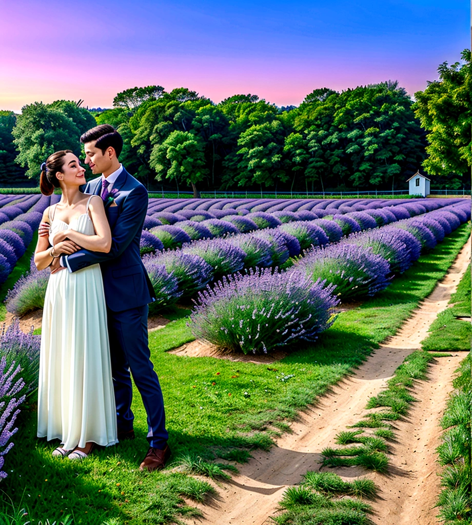 You can see a girl and a boy、We are standing in a lavender field on a small hill., Boy groping girl&#39;s breasts。Light is visible from the farmhouse window、The Andromeda Galaxy swirling in the night sky、Perfect lighting、Sharp focus、High resolution、High resolution、High color reproducibility、High resolution、Surreal、Like the picture