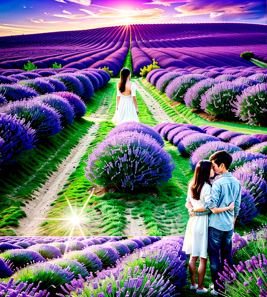 You can see a girl and a boy、We are standing in a lavender field on a small hill., Boy groping girl&#39;s breasts。Light is visible from the farmhouse window、The Andromeda Galaxy swirling in the night sky、Perfect lighting、Sharp focus、High resolution、High resolution、High color reproducibility、High resolution、Surreal、Like the picture