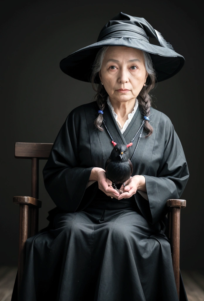 (A very old witch was sitting in Cadilau's chair.,She was holding a black bird:1.5,He has a skull hat on his head:1.2),(Dark castle background,Unclean,Terrorist),(Wide angle,Ultra-high resolution detail, Hyper HD, Super detailed, Attention to detail, Highest quality, High resolution, Awards, 8K),(Light)