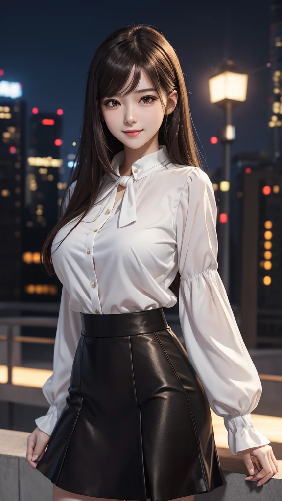 Anime, masterpiece, best quality, extremely detailed, hyperrealistic, photorealistic, Anime young girl 18 years, white blouse, black skirt, perfect very beautiful body, long brown hairs, big perky breasts, realistic skin, ultra detailed face:1.1, modern city, night, megapolis, seductive smile