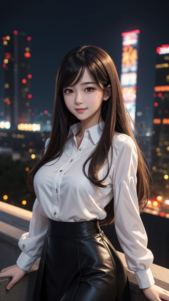 Anime, masterpiece, best quality, extremely detailed, hyperrealistic, photorealistic, Anime young girl 18 years, white blouse, black skirt, perfect very beautiful body, long brown hairs, big perky breasts, realistic skin, ultra detailed face:1.1, modern city, night, megapolis, seductive smile