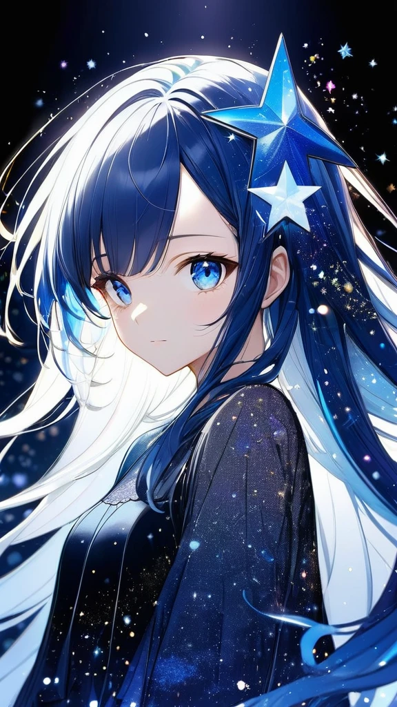 16k, (double exposure:1.05 silhouette: 1.1) (many detailed particles light) (background is exposure:1.1 ParticlesColorfulLight), wearing layered one piece dress, frontale forehead blue hair long hair lovely blue eyes girl,night,star