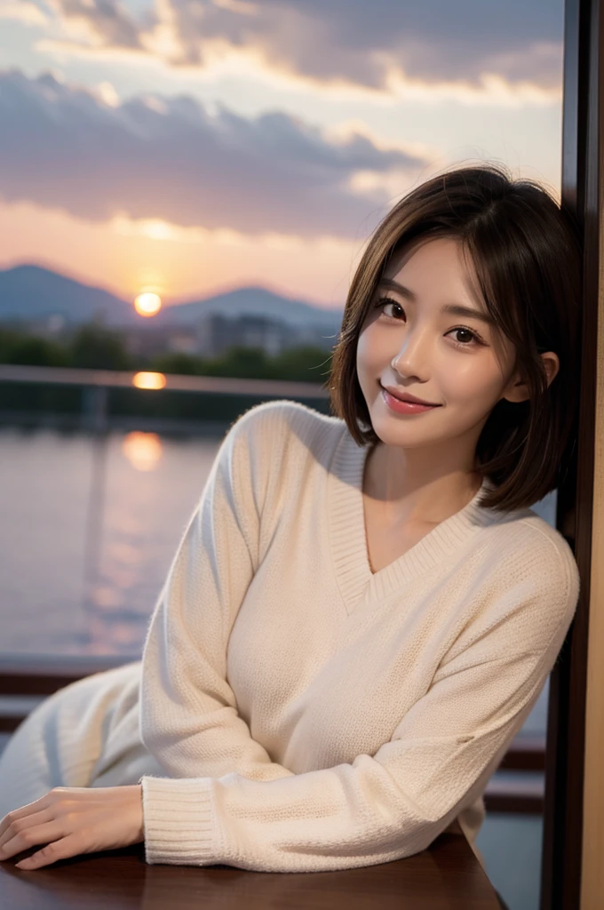 ((Best Quality,, Masterpiece:1.3)), (Real, Real, Careful Face, Bright Images, Intricate Details:1.2), Supreme Smile, 1 Girl, 1 Girl, Beautiful Couple, Lover, Japanese couple, tender lover, actor, smile, full dinner, pink sweater, super slim face, delicate eyes, double eyelids, (slim face), (slender figure), (brown hair), (short hair), Sake glass on the table, please shine the light on my face, magnificent view of sunset sky and clouds, (42 years old), 39 years old, long-sleeved shirt, skirt, Japanese sake, junmai ginjo, sake glass, shochu
information
