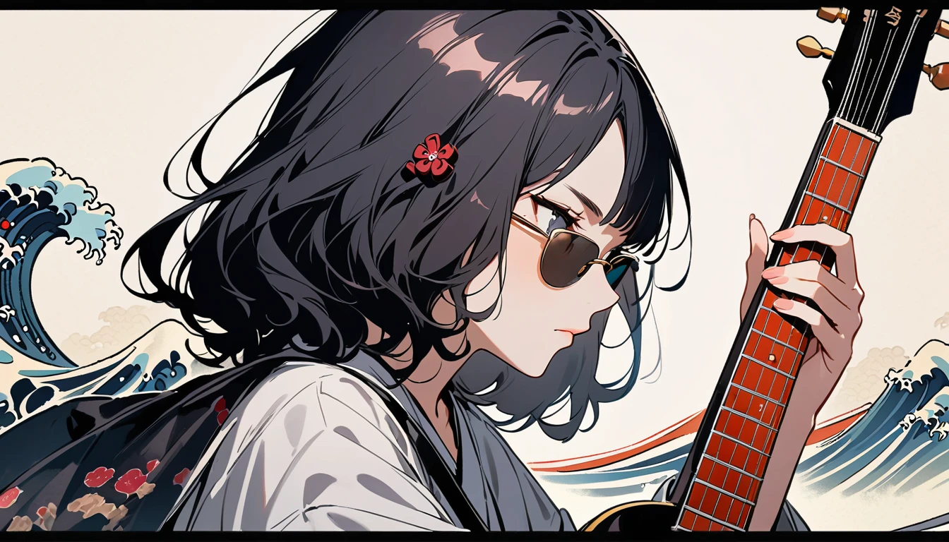 (((Highest quality))), (((Katsushika Hokusai))), (((Ink Painting))), ((very straight longhair)), ((1 girl)), ((sunglasses)), ((beautiful girl)), ((Holding a Les Paul guitar)), Japanese style headphones, Black Hair, Delicate and precise, Modern ukiyo-e style, face close up