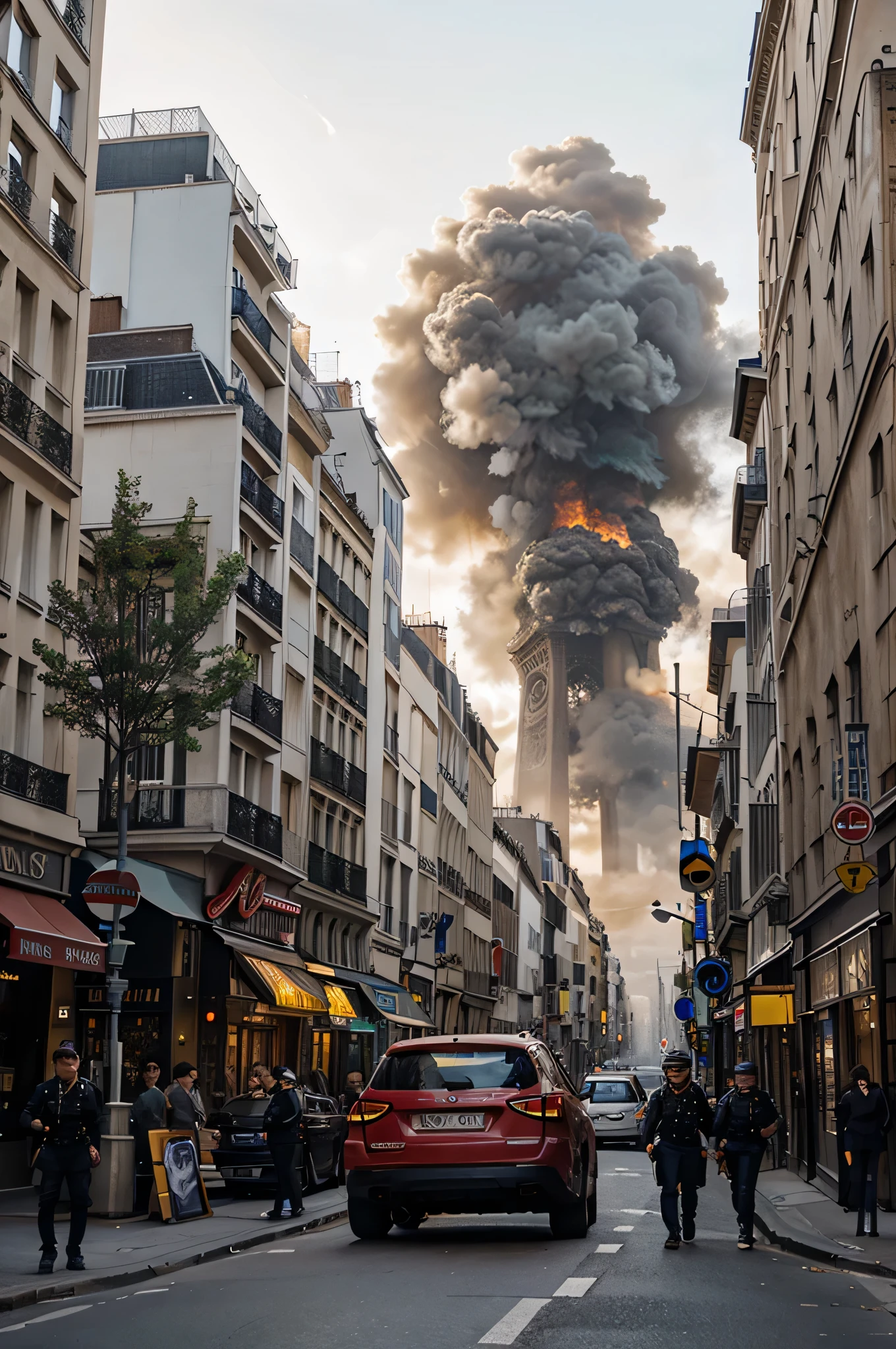 the eiffell lands of Paris in flames seen from a street with two Parisian buildings, soldiers in the street and tanks, professional photo with very high details
