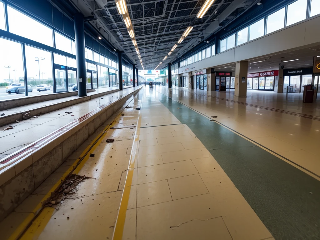 (((Masterpiece))), (high quality),abandoned shopping mall。Daytime。unmanned。Turn off all the lights。All the stores are independent and all have one floor.。There is a parking lot in front of the shopping mall。There is no car in the parking lot。Low - Angle。From a human perspective。