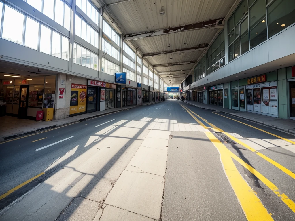 (((Masterpiece))), (high quality),abandoned shopping mall。Daytime。unmanned。Turn off all the lights。All the stores are independent and all have one floor.。There is a parking lot in front of the shopping mall。There is no car in the parking lot。Low - Angle。From a human perspective。