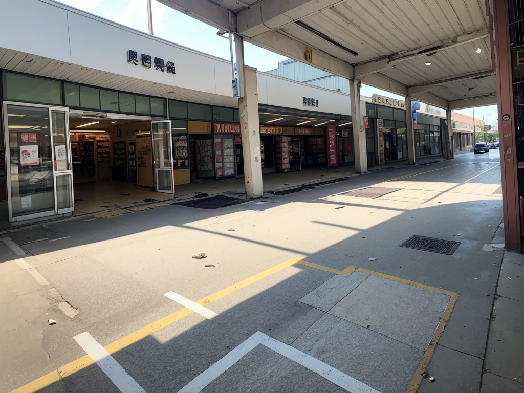 (((Masterpiece))), (high quality),abandoned shopping mall。Daytime。unmanned。Turn off all the lights。All the stores are independent and all have one floor.。There is a parking lot in front of the shopping mall。There is no car in the parking lot。Low - Angle。From a human perspective。